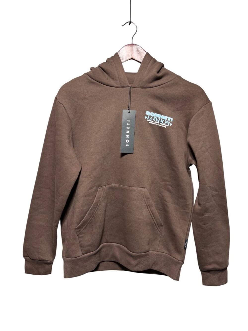 NWT Sonneti London Youth XL Brown Hoodie Blue Graphic Logo Print Super Soft